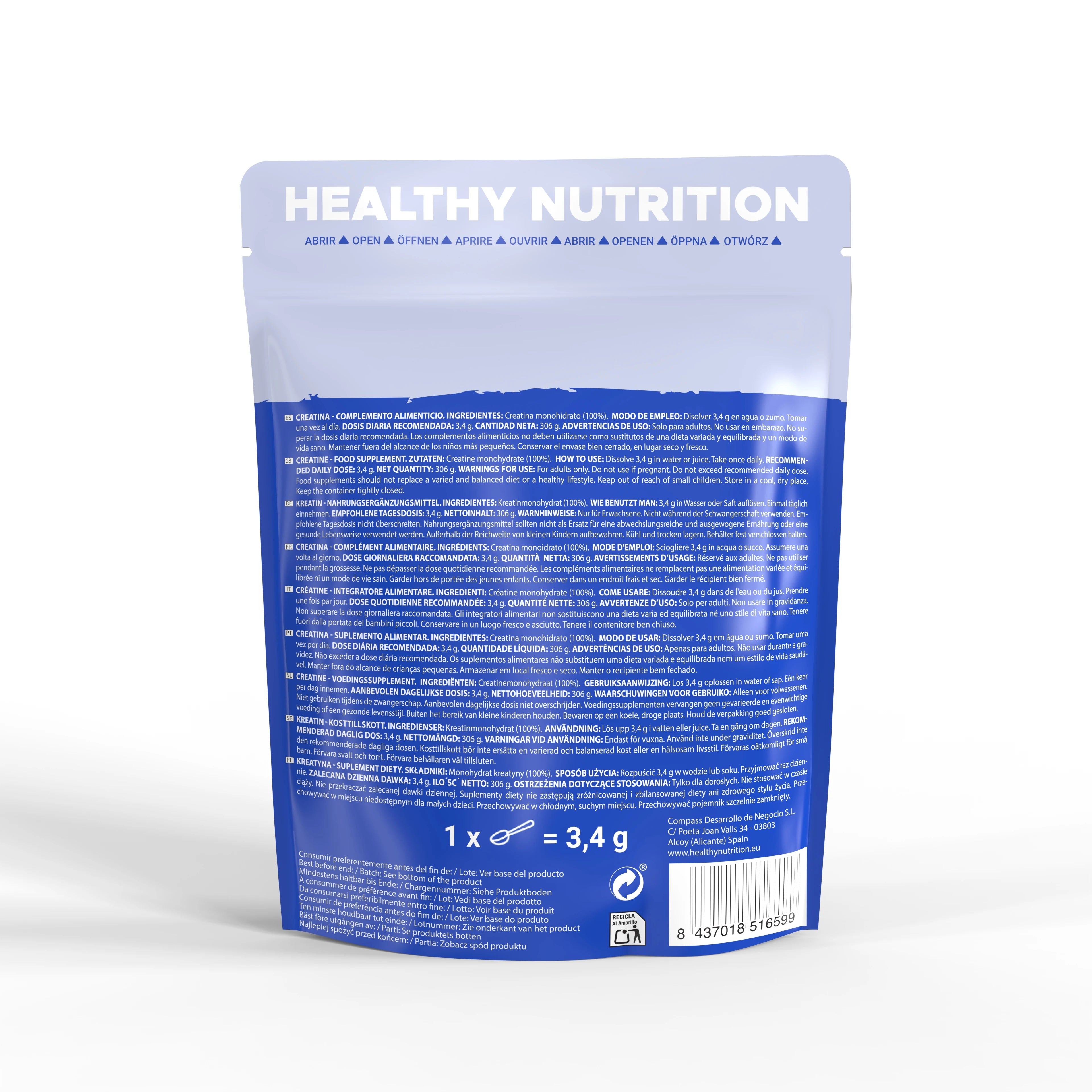 Creatine monohydrate powder 306g (90 doses) - pure creatine without flavor - sports supplement for muscle mass - without additives or allergens