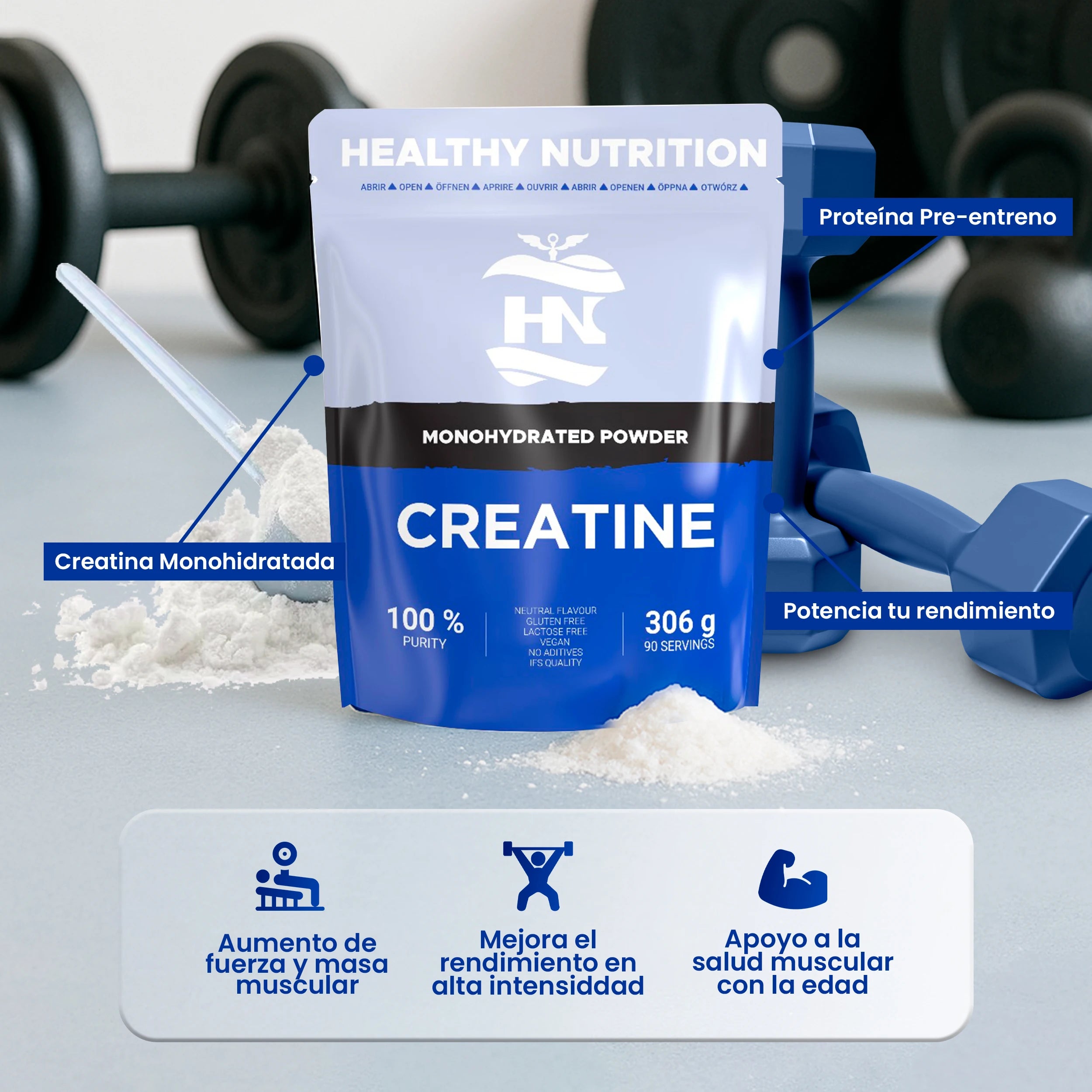 Creatine monohydrate powder 306g (90 doses) - pure creatine without flavor - sports supplement for muscle mass - without additives or allergens